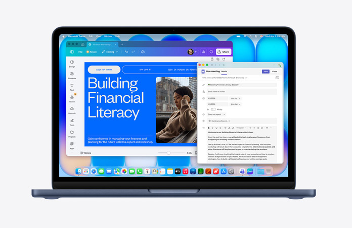 MacBook Neo na cor meia‑noite, a mostrar uma página da internet com o título “Building Financial Literacy” e a imagem de uma pessoa, um rascunho de email aberto, barra de menus com vários ícones, Dock na parte inferior com ícones de apps