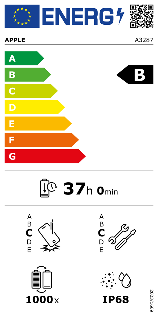Etiqueta energética da UE, código QR e informações, modelo A3287 da Apple, classe B, classes de eficiência energética (numa escala de A a G), A (mais eficiente) a G (menos eficiente), autonomia da bateria por ciclo, 37 horas e 0 minutos por carga completa da bateria, classe C de fiabilidade em queda livre repetida, A (mais robusto) a E (menos robusto), classe C de reparabilidade, A (mais reparável) a E (menos reparável), 1000 de autonomia da bateria em ciclos, classificação IP68 de proteção contra a entrada de pó e água, regulamento 2023/1669.