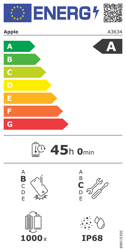 Etiqueta energética da UE, código QR e informações, modelo A3634 da Apple, classe A, classes de eficiência energética (na escala de A a G), A (mais eficiente) a G (menos eficiente), autonomia da bateria por ciclo, 45 horas e 0 minutos por carga completa da bateria, classe B de fiabilidade em quedas livres sucessivas, A (mais robusto) a E (menos robusto), classe C de reparabilidade, A (mais reparável) a E (menos reparável), 1000 ciclos de autonomia da bateria, classificação IP68 de proteção contra a entrada de pó e água, regulamento 2023/1669