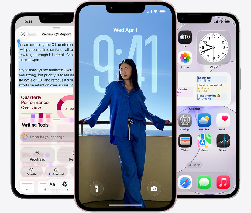Tre iPhone 17e-enheder, der viser et skærmbillede med Skriveværktøjer i brug, låseskærmen med et foto af en person og appen Beskeder, som sender beskeder via satellit