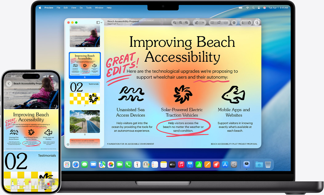 iPhone e MacBook lado a lado, com o efeito de replicação apresentado no MacBook. Os widgets das apps Calendário e Notas encontram-se na parte superior do ecrã e as apps são apresentadas na parte inferior do ecrã.