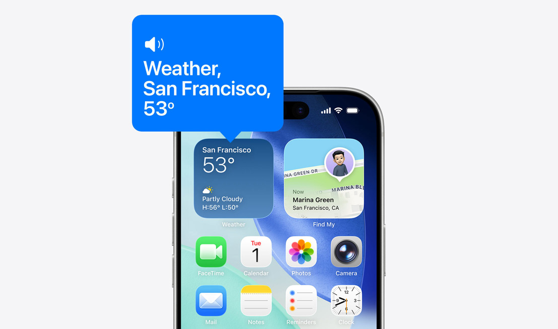 Ecrã principal do iPhone, com ícone do widget de meteorologia a ser lido em voz alta pelo VoiceOver