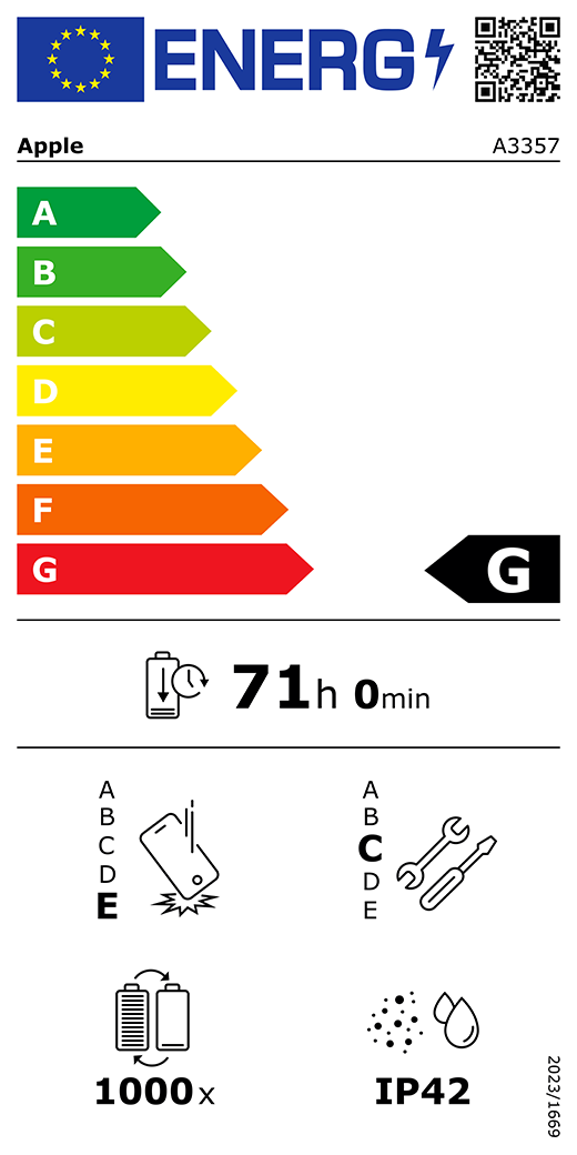 EU oznaka energetske učinkovitosti – QR kôd i informacije, Apple model A3357, razred G, razredi energetske učinkovitosti (sa skalom od A do G), A (najučinkovitiji) do G (najmanje učinkovit), izdržljivost baterije po ciklusu, 71 sat i 0 minuta po potpunom punjenju baterije, klasa pouzdanosti pri višekratnim slobodnim padovima E, A (najizdržljiviji) do E (najmanje izdržljiv), klasa popravljivosti C, A (najlakše popravljivo) do E (najteže popravljivo), 1000 ciklusa izdržljivosti baterije, zaštita od prašine i vode (IP) ocjena IP42, uredba 2023/1669