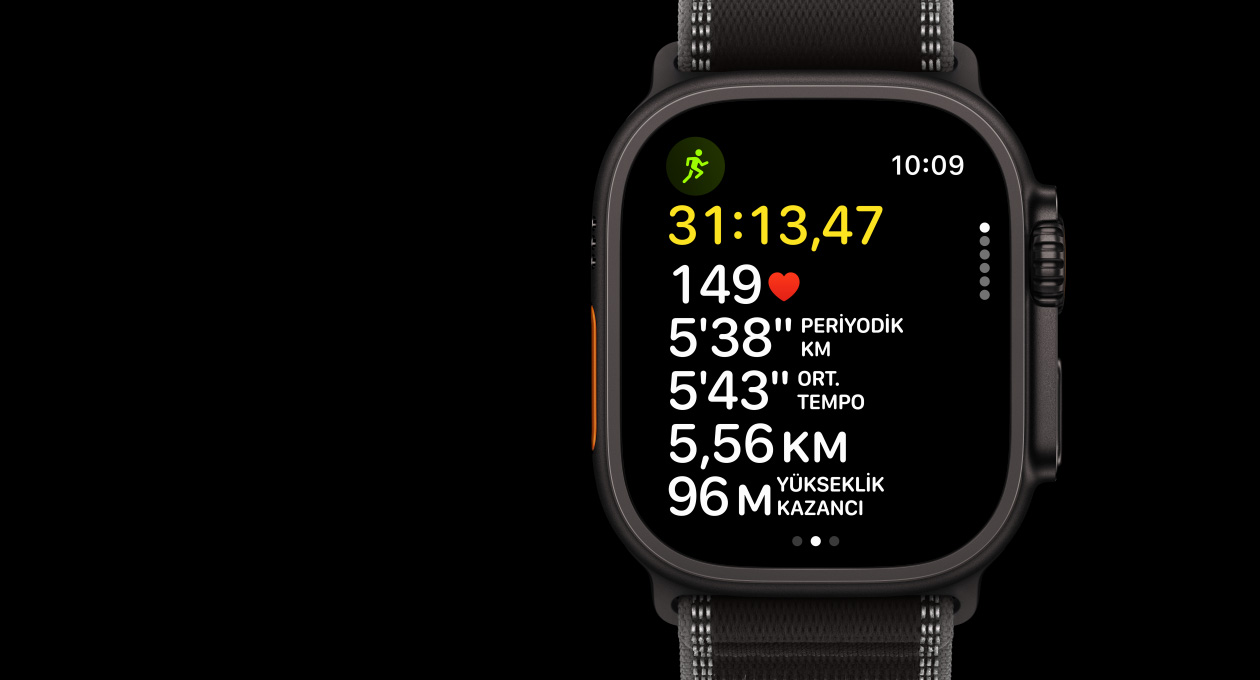 Apple Watch Ultra 3, black color, titanium case, Workout app, Outdoor Run, left side exterior, Action button, right side exterior, Digital Crown, side button, band, Trail Loop, black/charcoal color