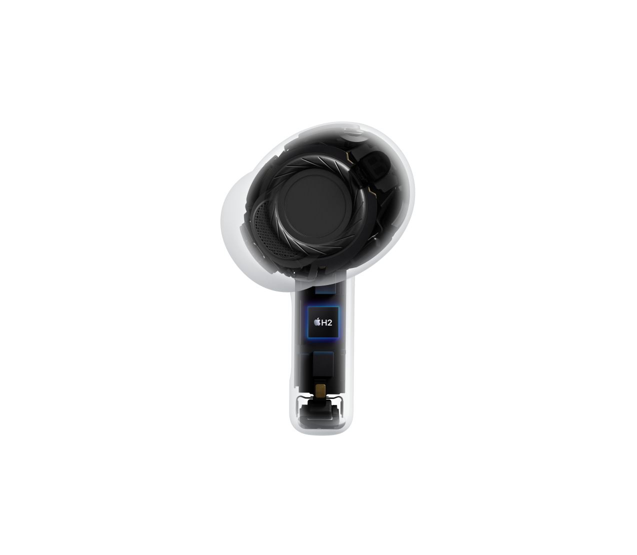 Auricular wireless AirPods Pro 3, vista transparente com arquitetura interna