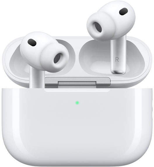 AirPods Pro 3 e Caixa de carregamento MagSafe (USB‑C), exterior da caixa arredondado, indicador de alimentação LED, caixa aberta com auriculares wireless, adaptadores de silicone e o interior das hastes com as letras L e R