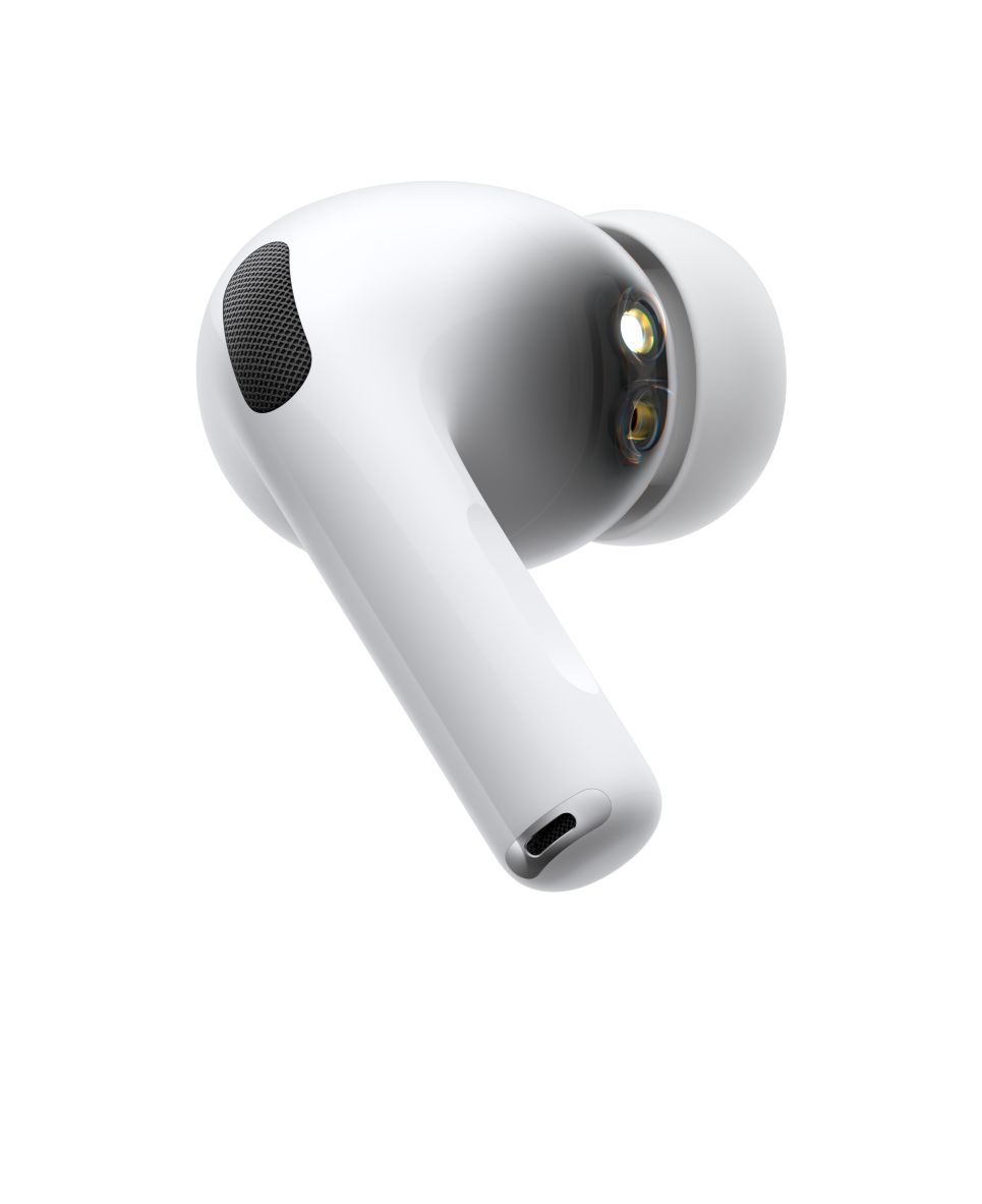 Vista lateral de um auricular wireless AirPods Pro 3, branco, com haste tubular curta, microfone com cancelamento de ruído, adaptador de silicone e onda sonora