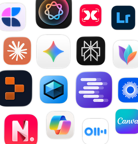 Een reeks AI-appsymbolen, waaronder MindNode, Adobe Lightroom, Claude en Google Gemini