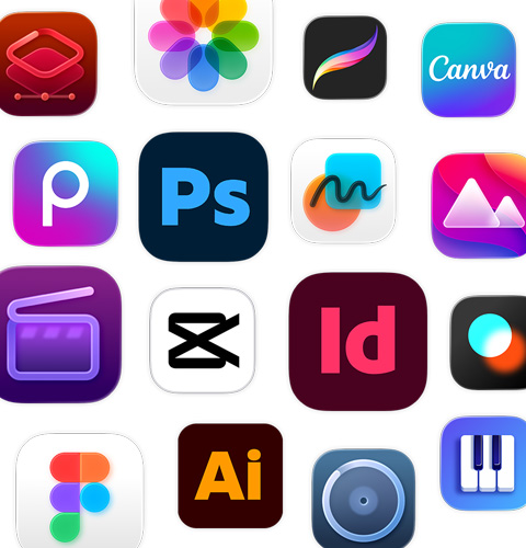 Een reeks symbolen voor creatieve apps, waaronder Adobe Illustrator, Canva, CapCut en Figma