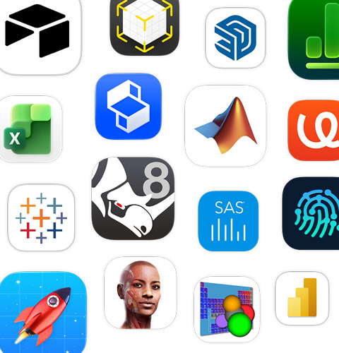 Een reeks STEM-appsymbolen, waaronder Shapr3D, MATLAB, uMake en Tableau.