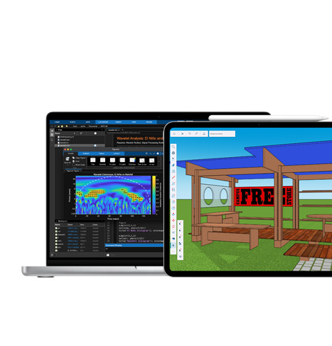 Mac-scherm met MATLAB, iPad-scherm met Shapr3D