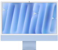 iMac, vooraanzicht, blauw, camera bovenaan in het midden, met blauwe abstracte achtergrond.
