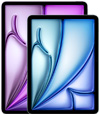 Twee iPad Air-devices in verschillende maten, vooraanzicht, de kleinere voor de grotere, met levendige paarse en blauwe kleurverlooppatronen.