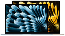 MacBook Air-laptops, een kleinere voor een grotere, opengeklapt, levendige achtergronden met blauw en geel abstract ontwerp.