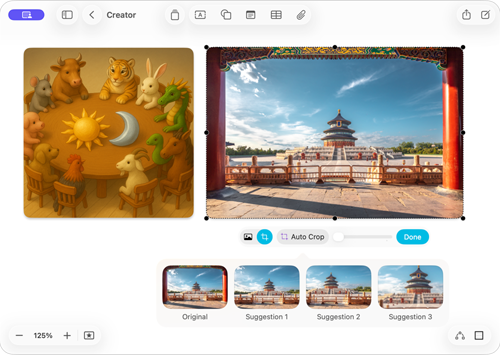 螢幕顯示無邊記 app 正展示兩項 Apple 創作坊功能：分別是生成影像和自動裁切