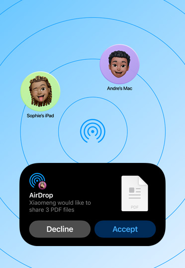AirDrop-interface, met een verzoek om drie pdf-bestanden te delen, met opties om te weigeren of te accepteren.