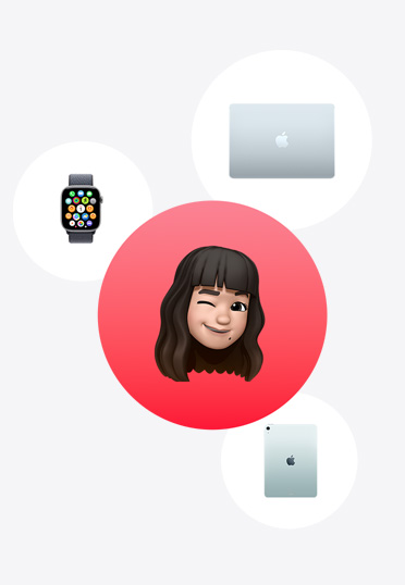 Apple Watch, MacBook, iPad, rondom een Memoji in rode cirkel.
