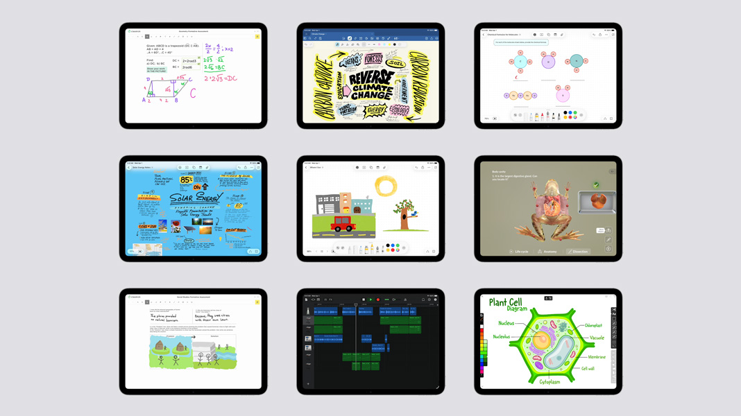 Uma grade três por três de aparelhos iPad mostrando diferentes conteúdos educacionais, incluindo problemas de matemática escritos à mão, um currículo sobre energia solar, a anatomia de um sapo, um calendário de atividades e a estrutura de uma célula vegetal