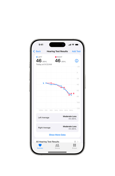 Ein iPhone, das die Ergebnisse eines Hörtests mit den AirPods Pro 2 anzeigt.