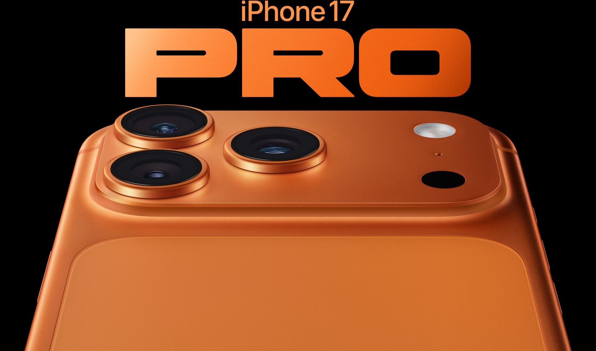 Kozmosznarancs iPhone 17 Pro részleges hátulnézetből, a bal felső sarokban a Pro kamerarendszer 3 lencséjével, mellettük mikrofonnal és vakuval