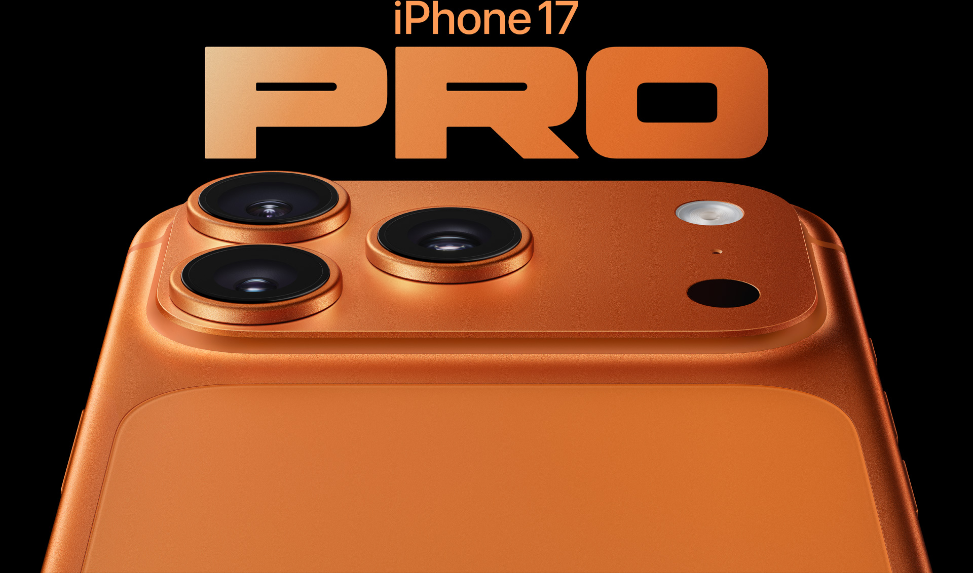 iPhone 17 Pro, màu cam vũ trụ, một phần vỏ ngoài mặt sau, hệ thống camera Pro Fusion ở góc trên bên trái, 3 ống kính, micrô, đèn flash