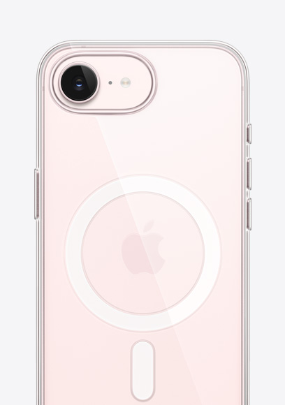 iPhone 17e i sart rosa vist bagfra med et gennemsigtigt etui med MagSafe, Fusion-kamera øverst og Apple-logo i midten