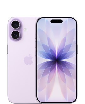 iPhone 17 i farven lavendel vist bagfra med Fusion-dobbeltkamerasystem øverst til venstre, Apple-logo i midten. Og vist forfra, i farven lavendel, med Dynamic Island øverst i midten