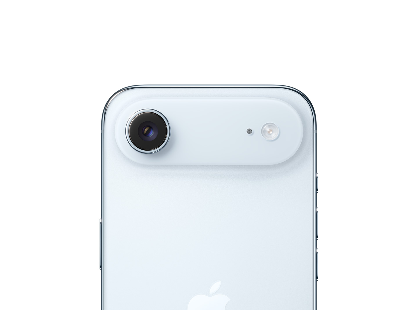 iPhone Air, pohled zezadu, blankytně modrá barva, modul s Fusion fotosoustavou nahoře