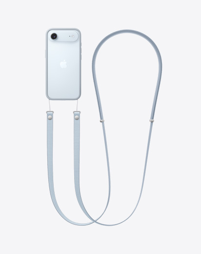 iPhone Air 機身背面，展示淺藍色緩衝邊框並連接著斜孭掛繩。